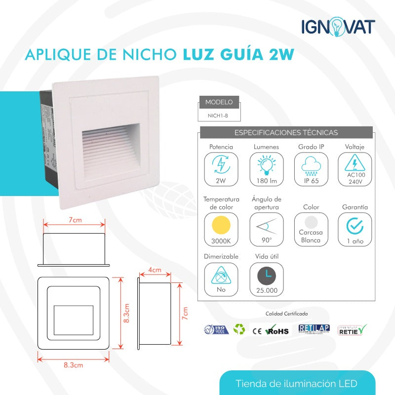 Aplique LED Empotrable para Nichos Cuadrado Luz Cálida