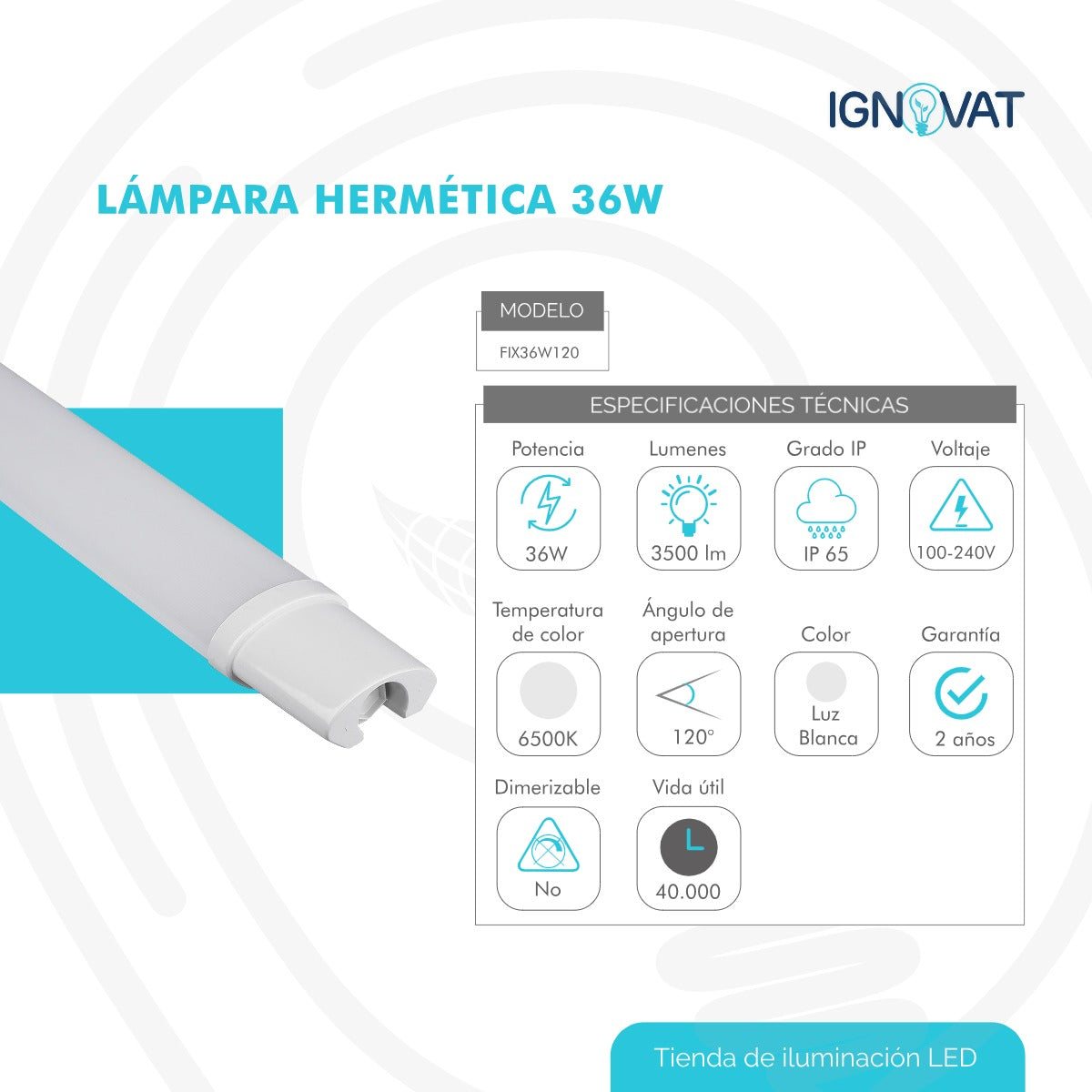 Lámpara LED hermética industrial, resistente al agua y polvo