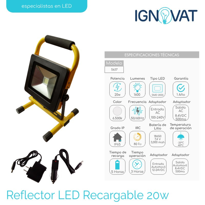 Reflector LED portátil recargable con luz intensa