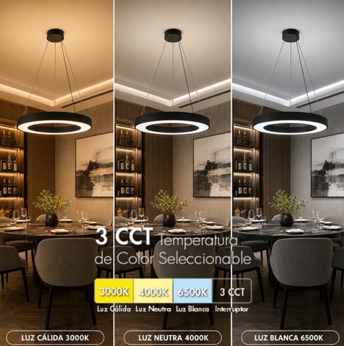 Lámpara Colgante LED Tipo Aro 60cm - 45W | Dimerizable, 3 Tonos de Luz y Control Remoto