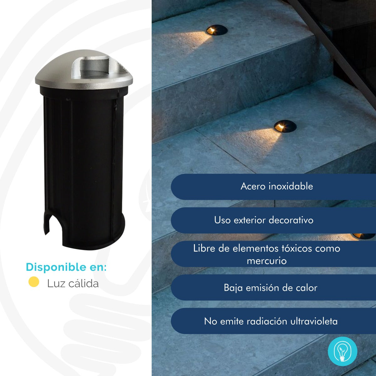 Luminaria de Piso de 3W en Acero Inoxidable - Luz Cálida, Haz de Luz de un Lado a 90°