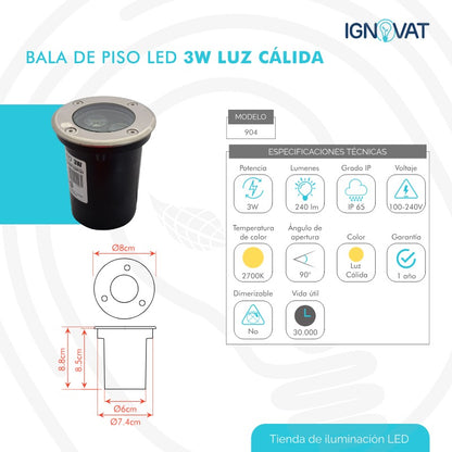 Luminaria de Piso de 3W en Acero Inoxidable - Luz Cálida para Nicho