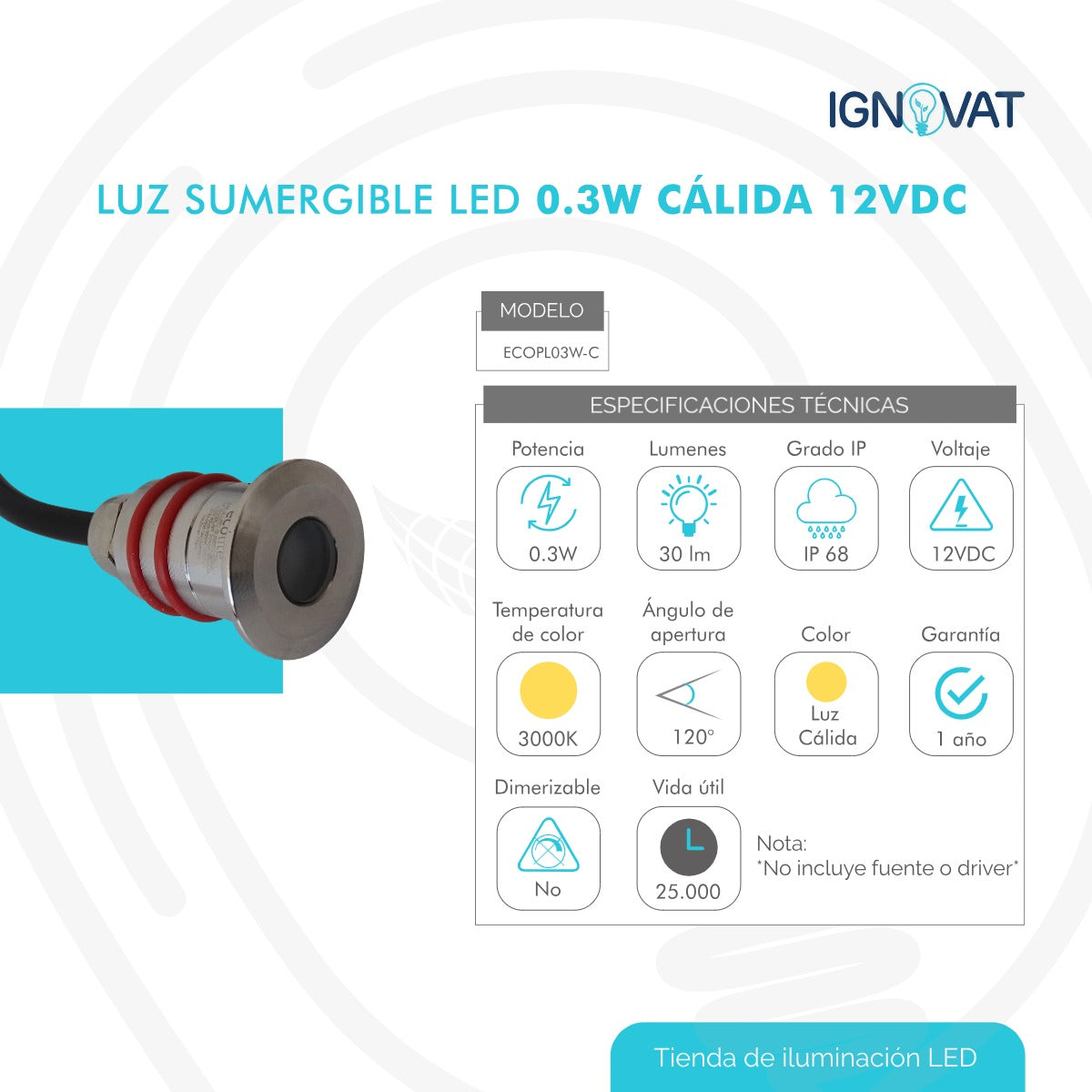 Luminaria Sumergible LED 0.3W en Acero inoxidable Luz Cálida Para Piscina y Jacuzzi