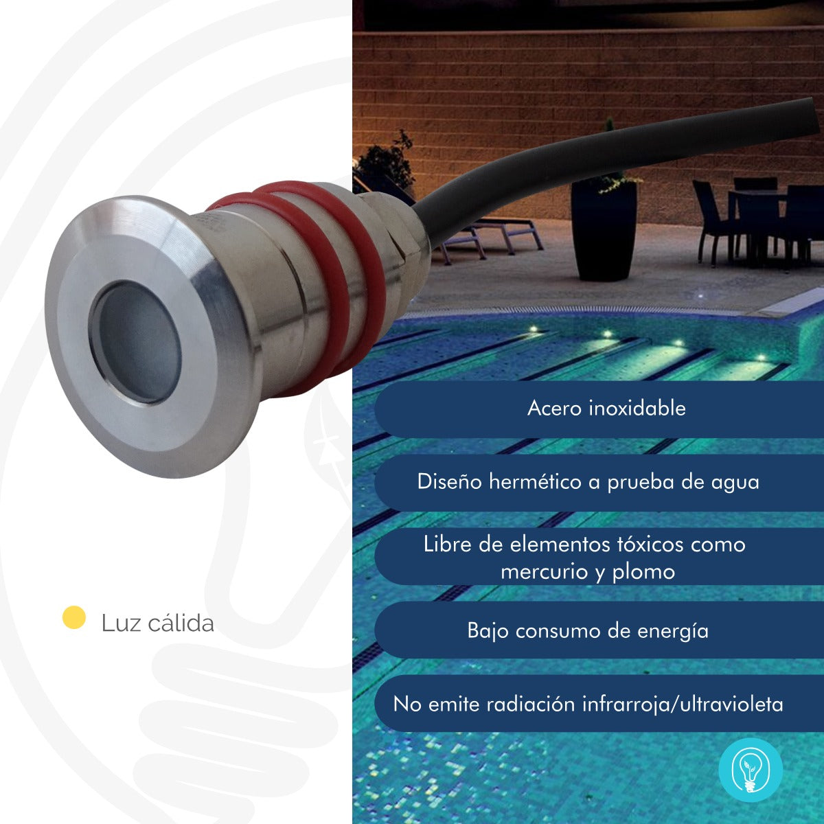 Luminaria Sumergible LED 0.3W en Acero inoxidable Luz Cálida Para Piscina y Jacuzzi