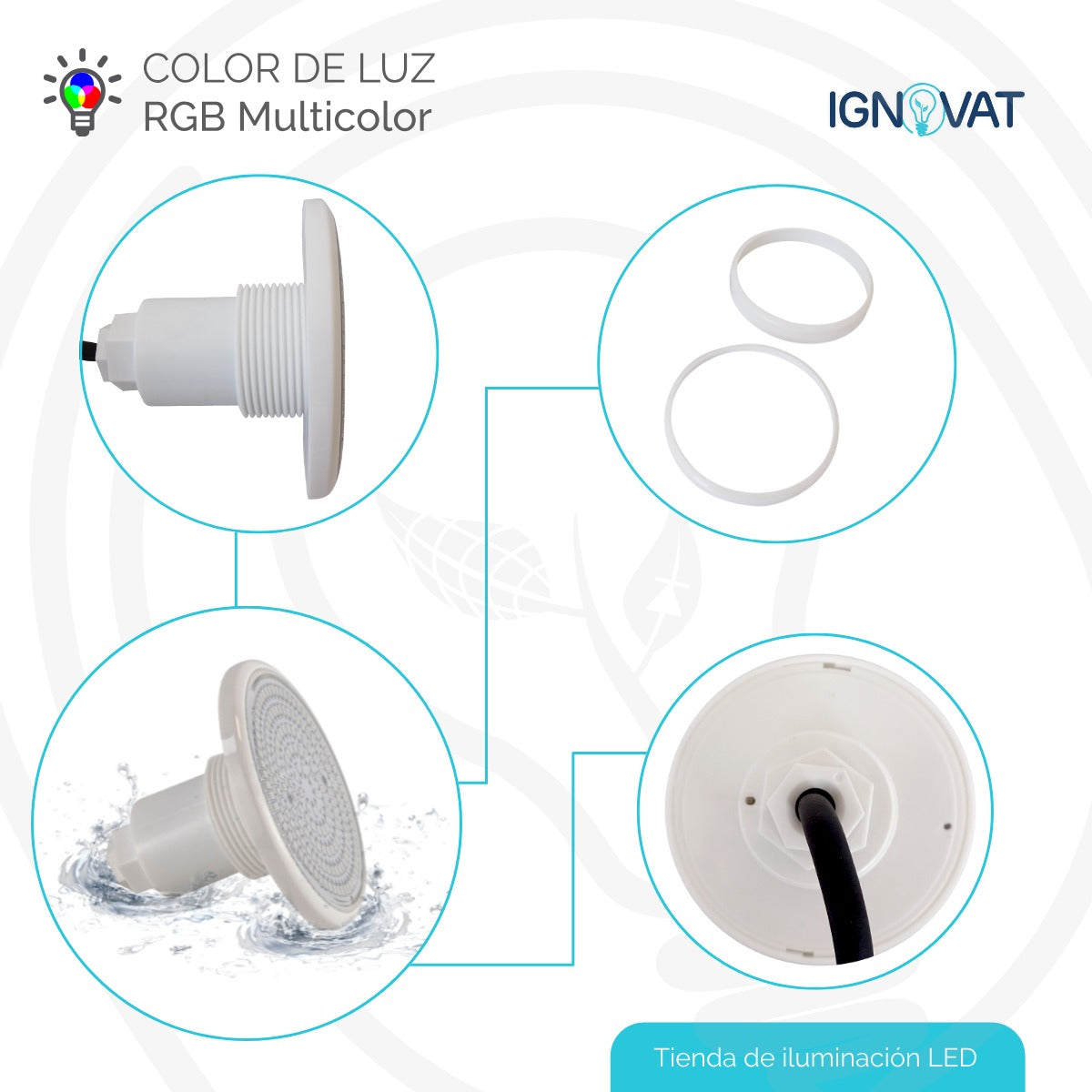 Luminaria Subacuática de 12W en ABS - Luz RGB para Piscina, Jacuzzi e Instalación en Nicho de 1.8"