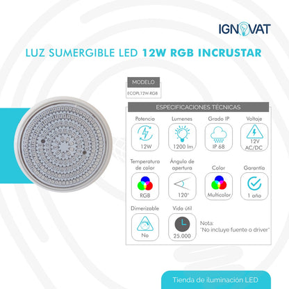 Luminaria Subacuática de 12W en ABS - Luz RGB para Piscina, Jacuzzi e Instalación en Nicho de 1.8"