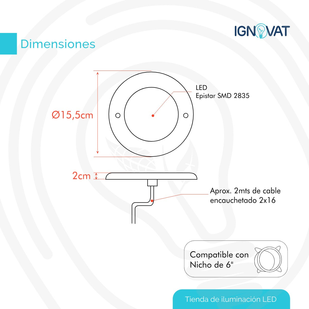 Luminaria Subacuática de 12W en ABS - Luz Blanca, Compatible con Nicho de 6" de la Marca Pentier