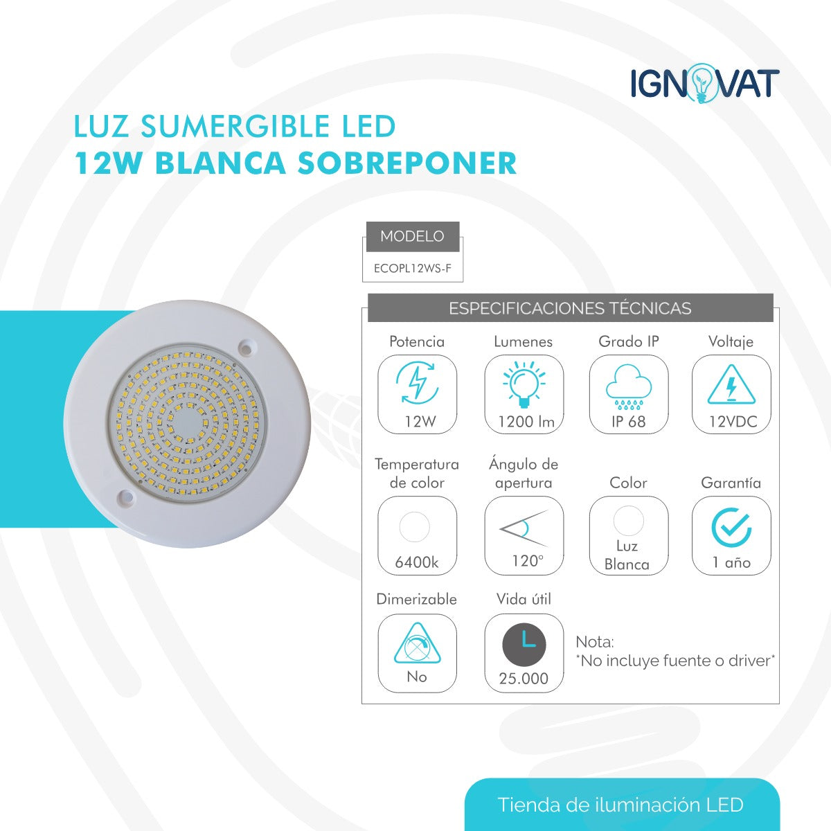 Luminaria Subacuática de 12W en ABS - Luz Blanca, Compatible con Nicho de 6" de la Marca Pentier