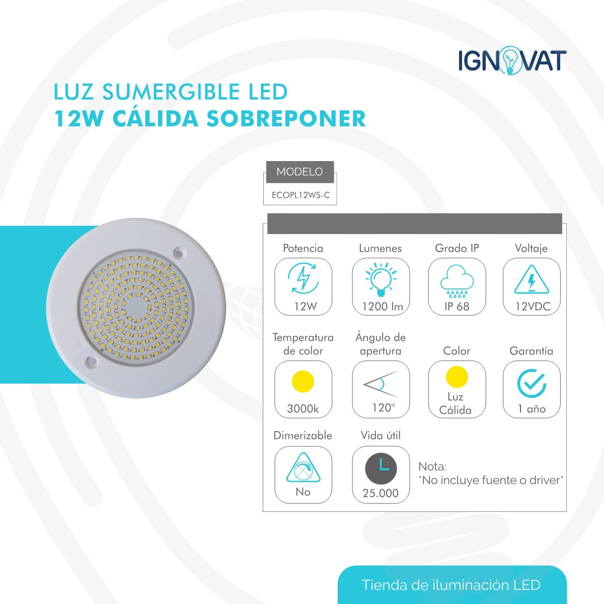 Luminaria Subacuática de 12W en ABS - Luz Cálida, Compatible con Nicho de 6" de la Marca Pentier