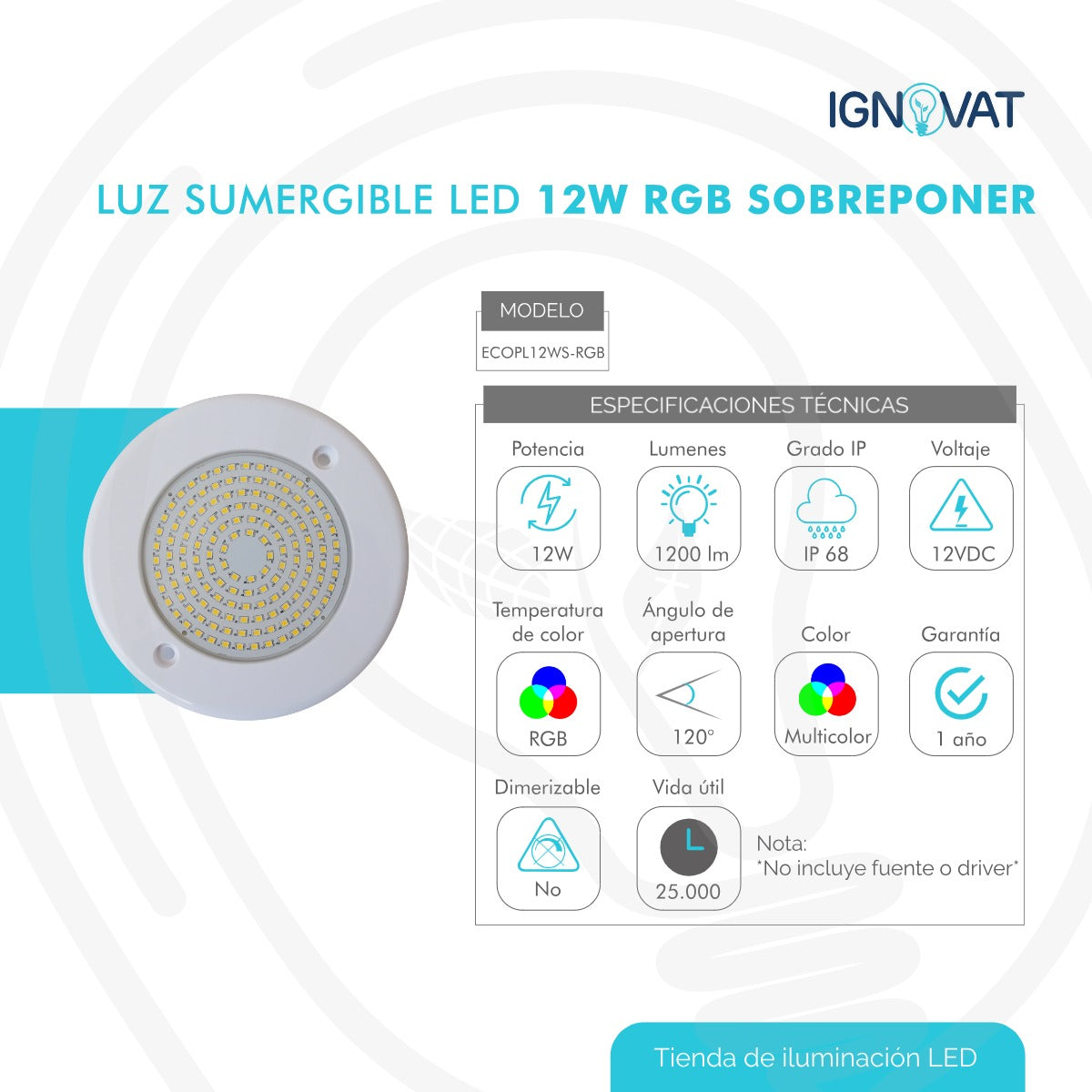 Luminaria Subacuática de 12W en ABS - Luz RGB, Compatible con Nicho de 6" de la Marca Pentier