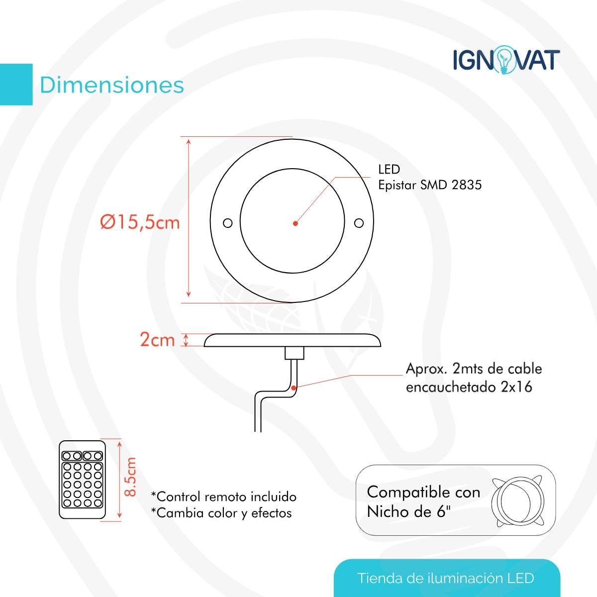 Luminaria Subacuática de 12W en ABS - Luz Blanca, Compatible con Nicho de 6" de la Marca Pentier