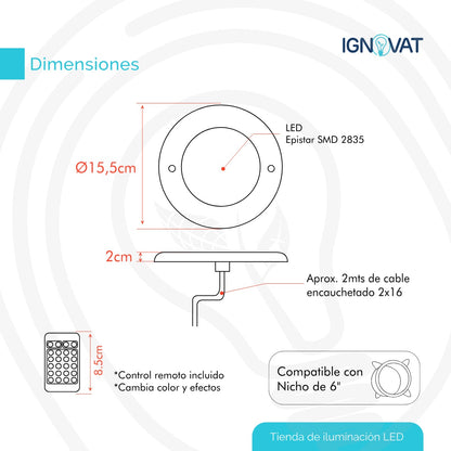 Luminaria Subacuática de 12W en ABS - Luz Blanca, Compatible con Nicho de 6" de la Marca Pentier