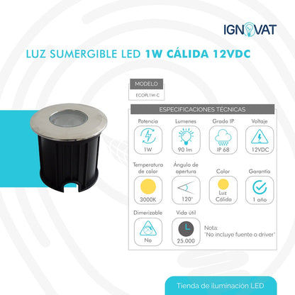 Luminaria Sumergible LED 1W en Acero inoxidable Luz Cálida Para Piscina y Jacuzzi