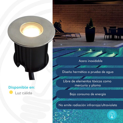 Luminaria Sumergible LED 1W en Acero inoxidable Luz Cálida Para Piscina y Jacuzzi