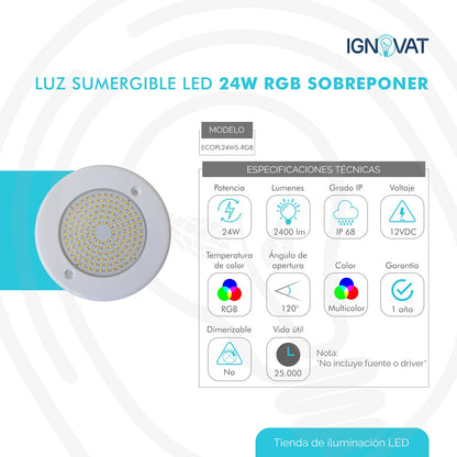 Luminaria Subacuática Plana de 24W en ABS - Luz RGB Sumergible para Piscina y Jacuzzi