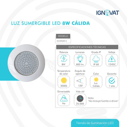 Luminaria Subacuática de 8W en ABS - Luz Calida para Piscina y Jacuzzi