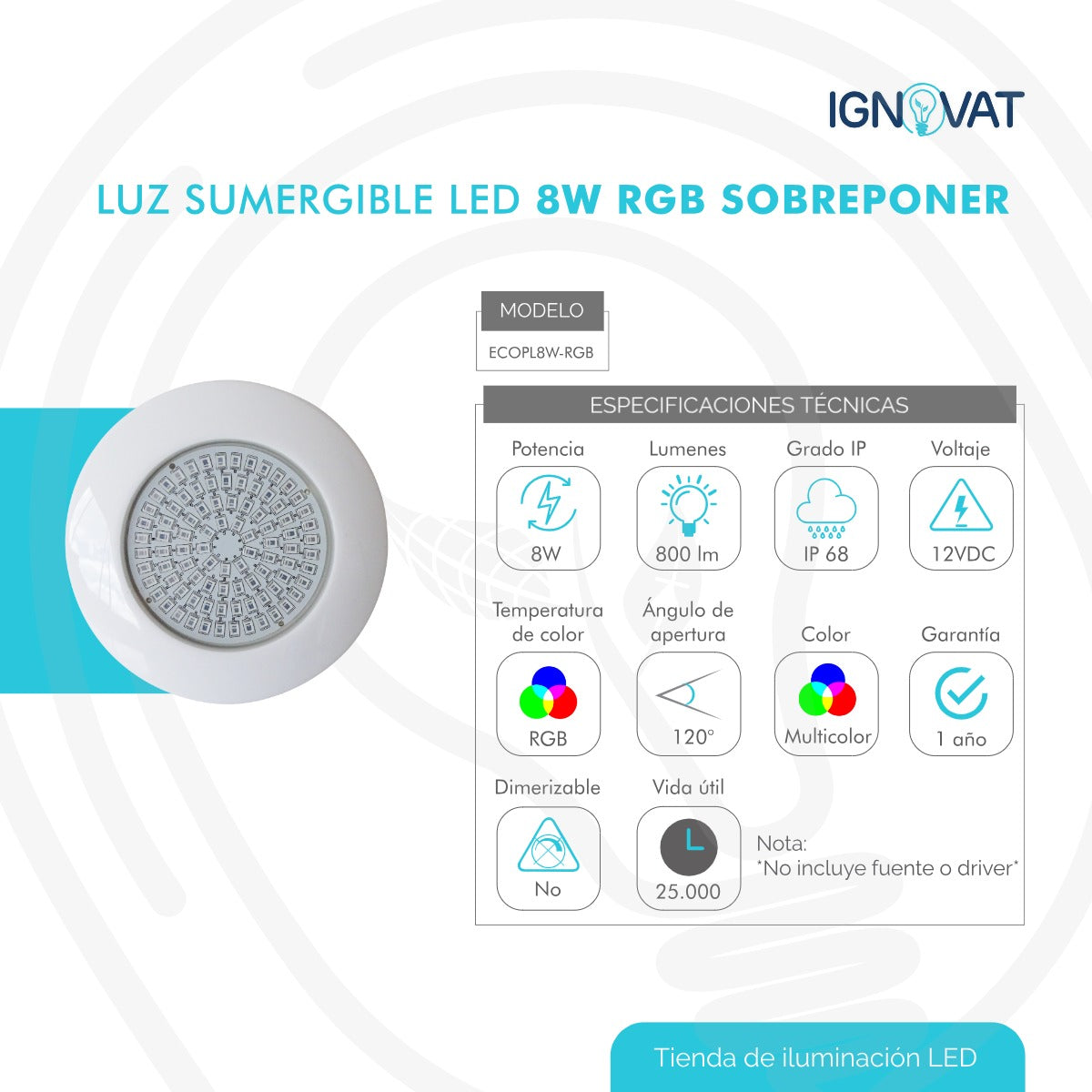 Luminaria Subacuática de 8W en ABS - Iluminación RGB Sumergible para Piscina y Jacuzzi