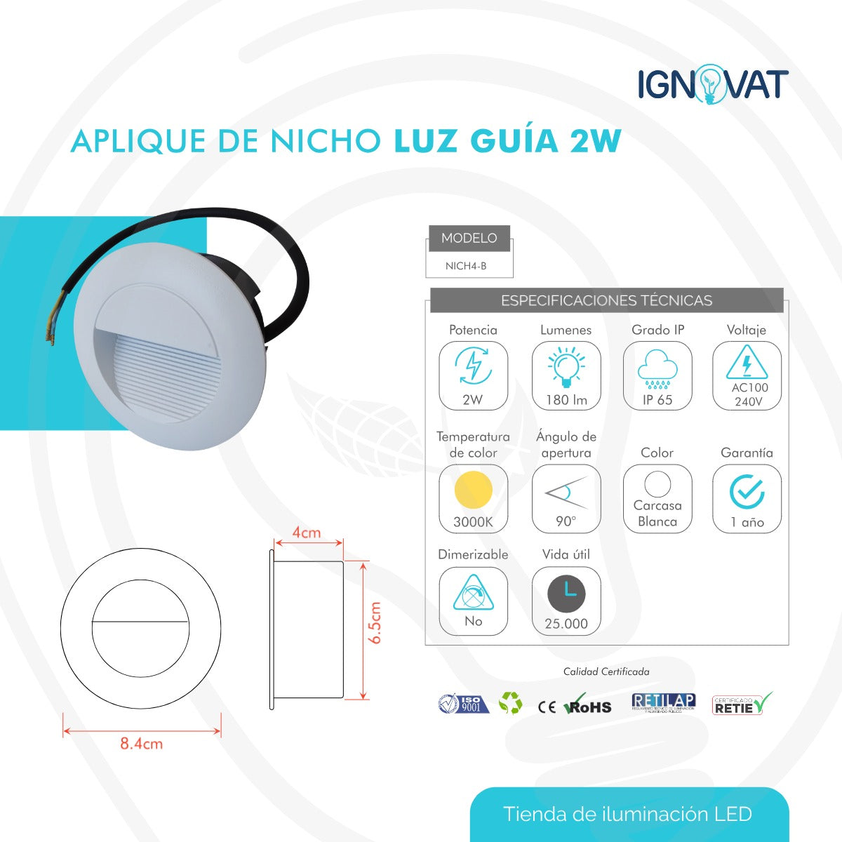 Aplique LED Empotrable para Nichos Redondos Luz Cálida