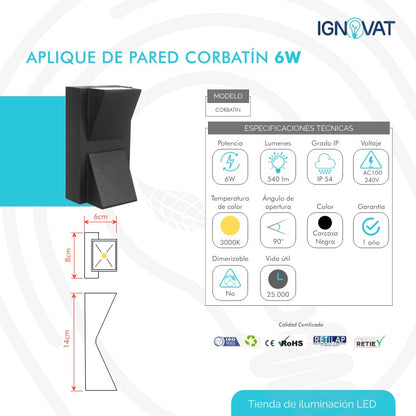 Aplique de pared sobreponer tipo Corbatin luz Calida