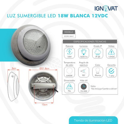 Luminaria Sumergible LED 18W en Acero inoxidable Luz Blanca Para Piscina y Jacuzzi