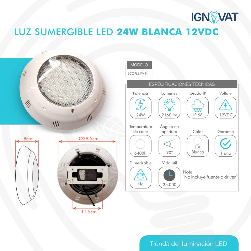 Luminaria Subacuática de 24W en ABS - Luz Blanca para Piscina y Jacuzzi