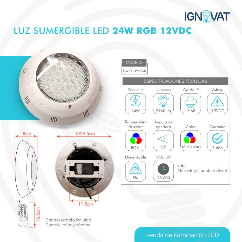 Luminaria Subacuática de 24W en ABS - Iluminación RGB Sumergible para Piscina y Jacuzzi