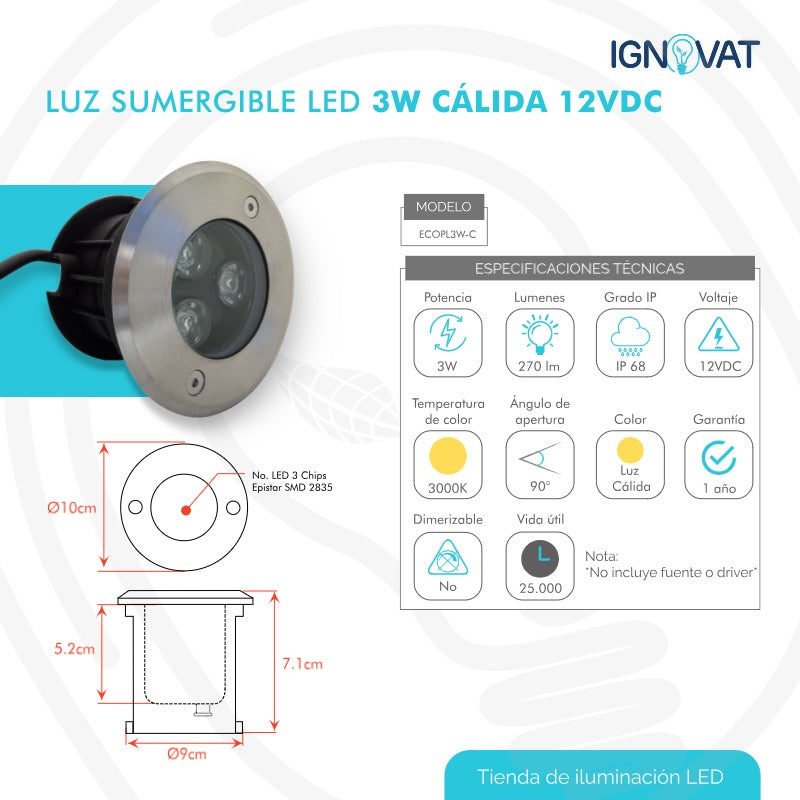 Luminaria Sumergible LED 3W en Acero inoxidable Luz Cálida Para Piscina y Jacuzzi