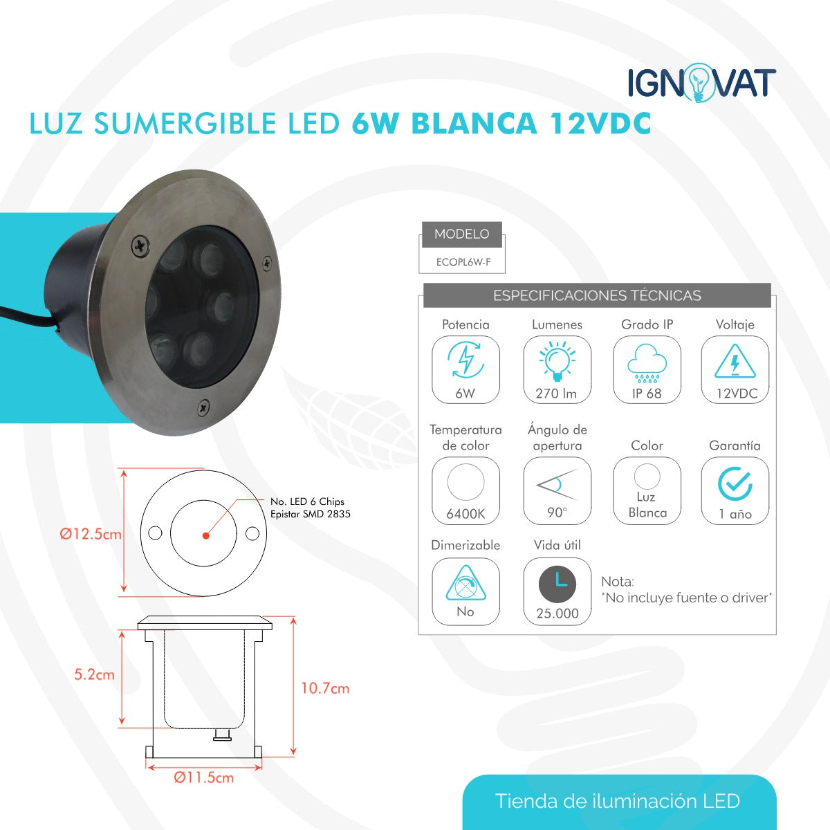 Luminaria Sumergible LED 6W en Acero inoxidable Luz Blanca Para Piscina y Jacuzzi