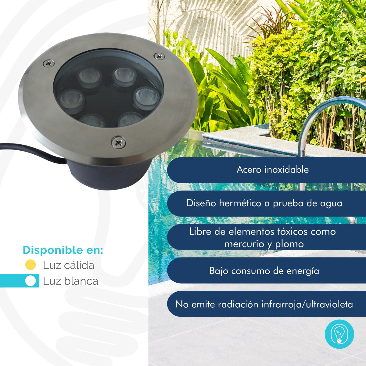 Luminaria Sumergible LED 6W en Acero inoxidable Luz Blanca Para Piscina y Jacuzzi