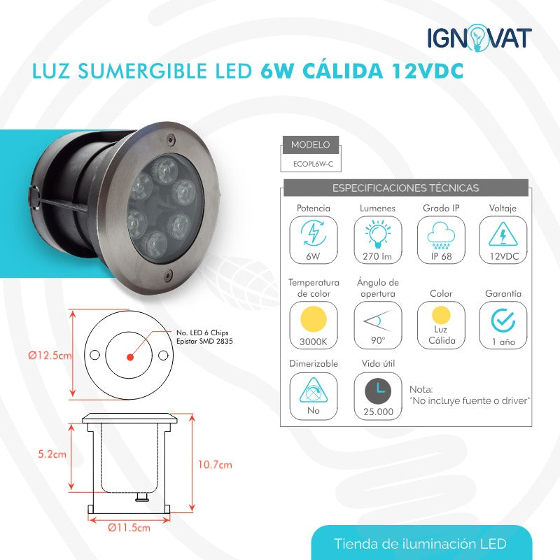 Luminaria Sumergible LED 6W en Acero inoxidable Luz Calida Para Piscina y Jacuzzi