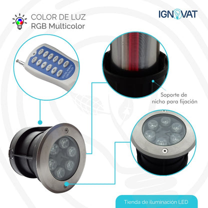 Luminaria Sumergible LED 6W RGB Multicolor en Acero inoxidable Para Piscina y Jacuzzi