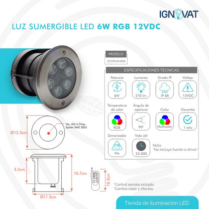 Luminaria Sumergible LED 6W RGB Multicolor en Acero inoxidable Para Piscina y Jacuzzi