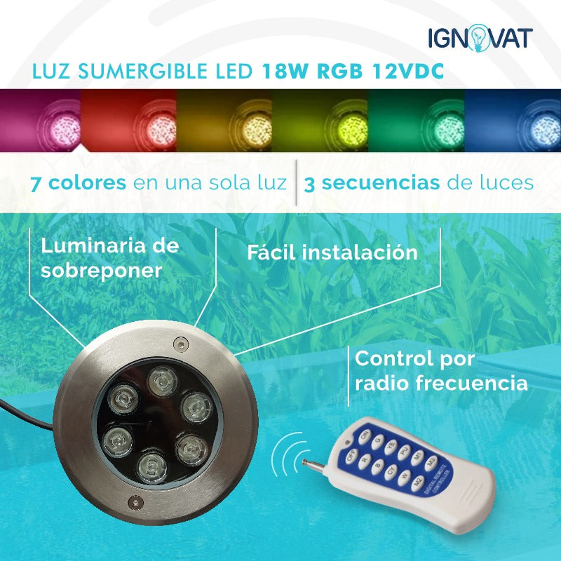 Luminaria Sumergible LED 6W RGB Multicolor en Acero inoxidable Para Piscina y Jacuzzi