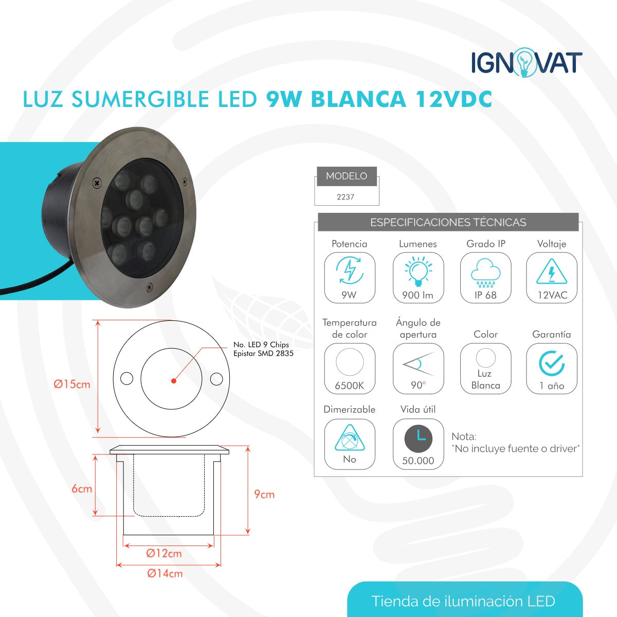 Luminaria Sumergible LED 9W en Acero inoxidable Luz Blanca Para Piscina y Jacuzzi