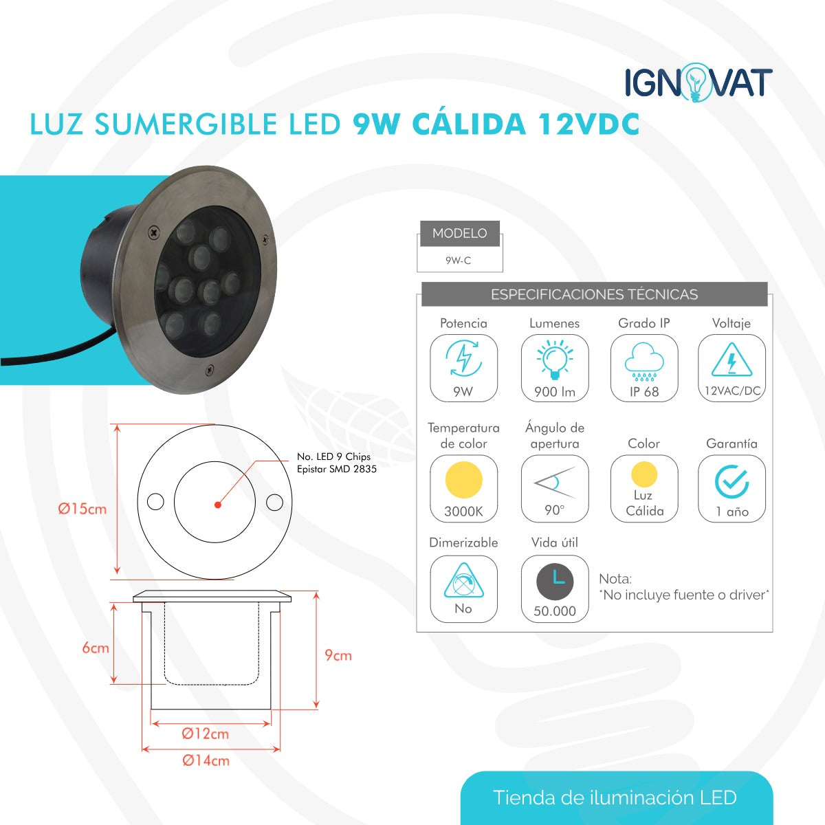 Luminaria Sumergible LED 9W en Acero inoxidable Luz Cálida Para Piscina y Jacuzzi