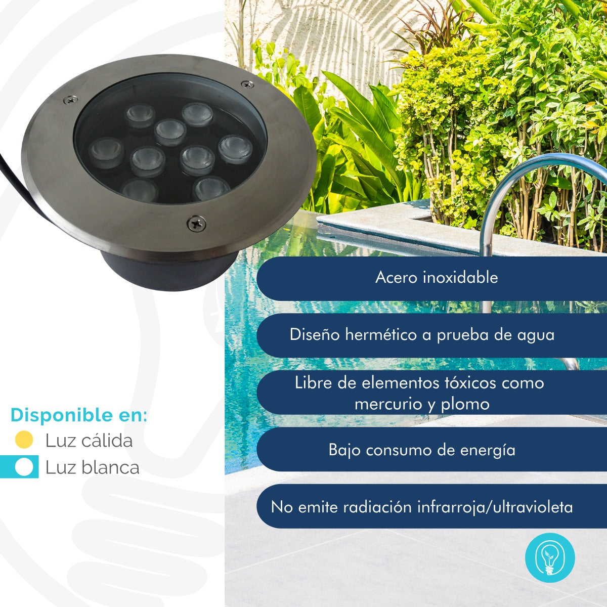 Luminaria Sumergible LED 9W en Acero inoxidable Luz Blanca Para Piscina y Jacuzzi