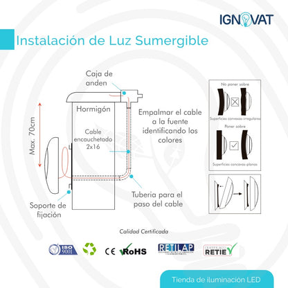 Luminaria Subacuática de 24W en ABS - Iluminación RGB Sumergible para Piscina y Jacuzzi